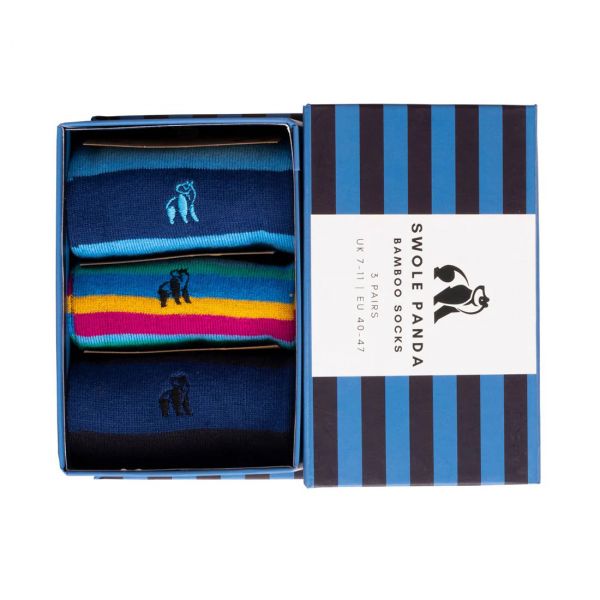 SWOLE PANDA - BLUE STRIPED BAMBOO SOCKS BOX - 3 PAAR GESTREIFTE HERREN SOCKEN - BLAU