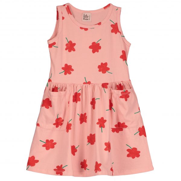 LÖTIEKIDS - DRESS SLEEVELESS POCKETS - KURZARM KLEID - PALE PINK POPPIES ALL OVER